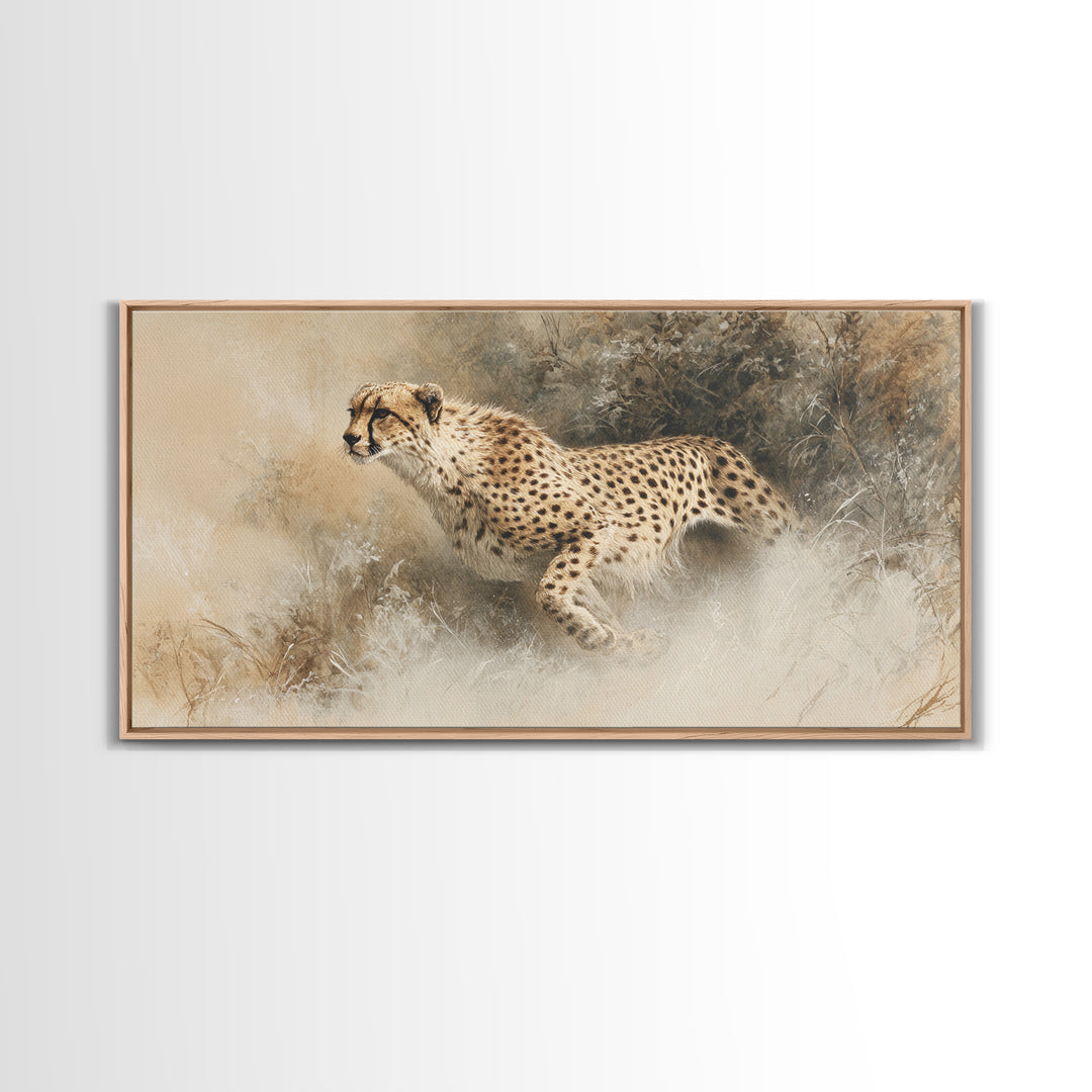 Cheetah Running Through Warm Dust Canvas Print, Wildlife Art, Contemporary Art, Living Room Decor, Wild, Wall Art Print, WIL-2x1-41
