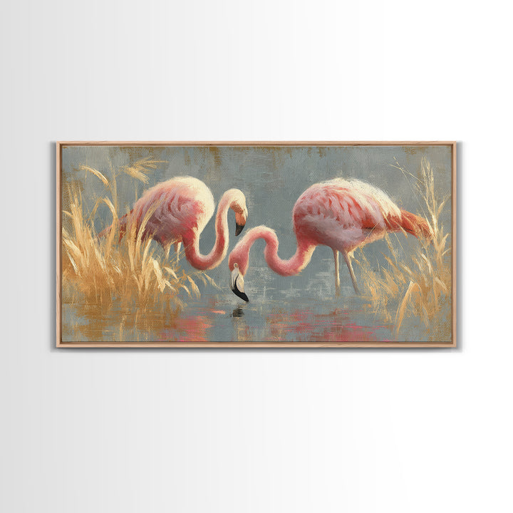Flamingos in Pink Shallow Water Framed Canvas Print, Wildlife Art, Statement Artwork, Living Room Decor, Fine Art, Wild, WIL-2x1-42