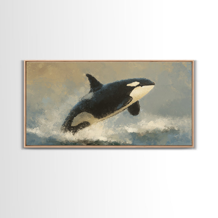 Orca Breaching in Cold Ocean Framed Canvas Print, Wildlife Art, Wall Hangings, Living Room Decor, Oil Painting, Wild, WIL-2x1-43