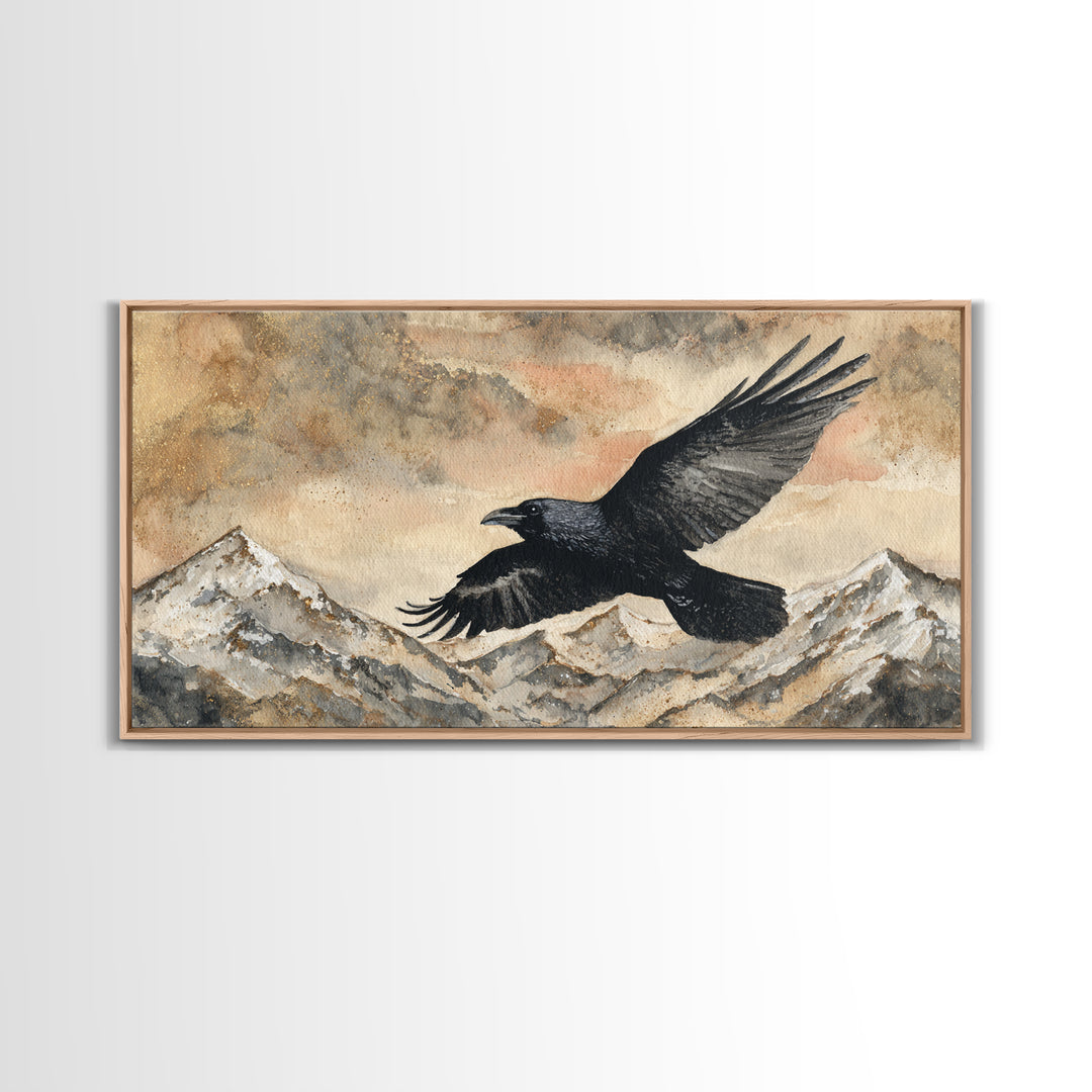 Raven Flying Through Snowy Mountains Canvas Print, Wildlife Art, Textured Painting, Living Room Decor, Fine Art, Wild, WIL-2x1-44