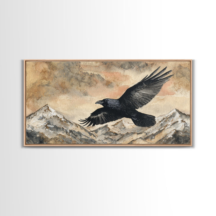 Raven Flying Through Snowy Mountains Canvas Print, Wildlife Art, Textured Painting, Living Room Decor, Fine Art, Wild, WIL-2x1-44