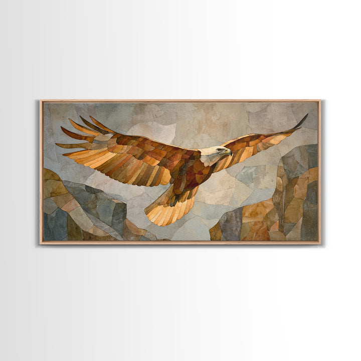 Eagle Soaring Above Rocky Cliffs Framed Canvas Print, Wildlife Art, Minimalist Decor, Living Room Decor, Fine Art, Wild, WIL-2x1-50
