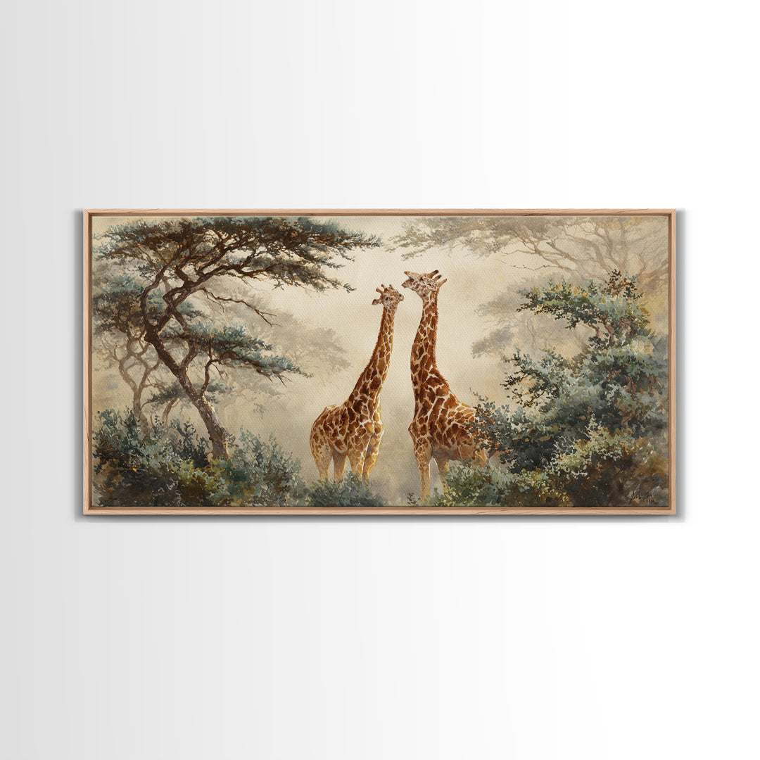 Giraffe Pair under Acacia Tree Framed Canvas Print, Wildlife Art, Modern Wall Art, Living Room Decor, Watercolor Art, Wild, WIL-2x1-51