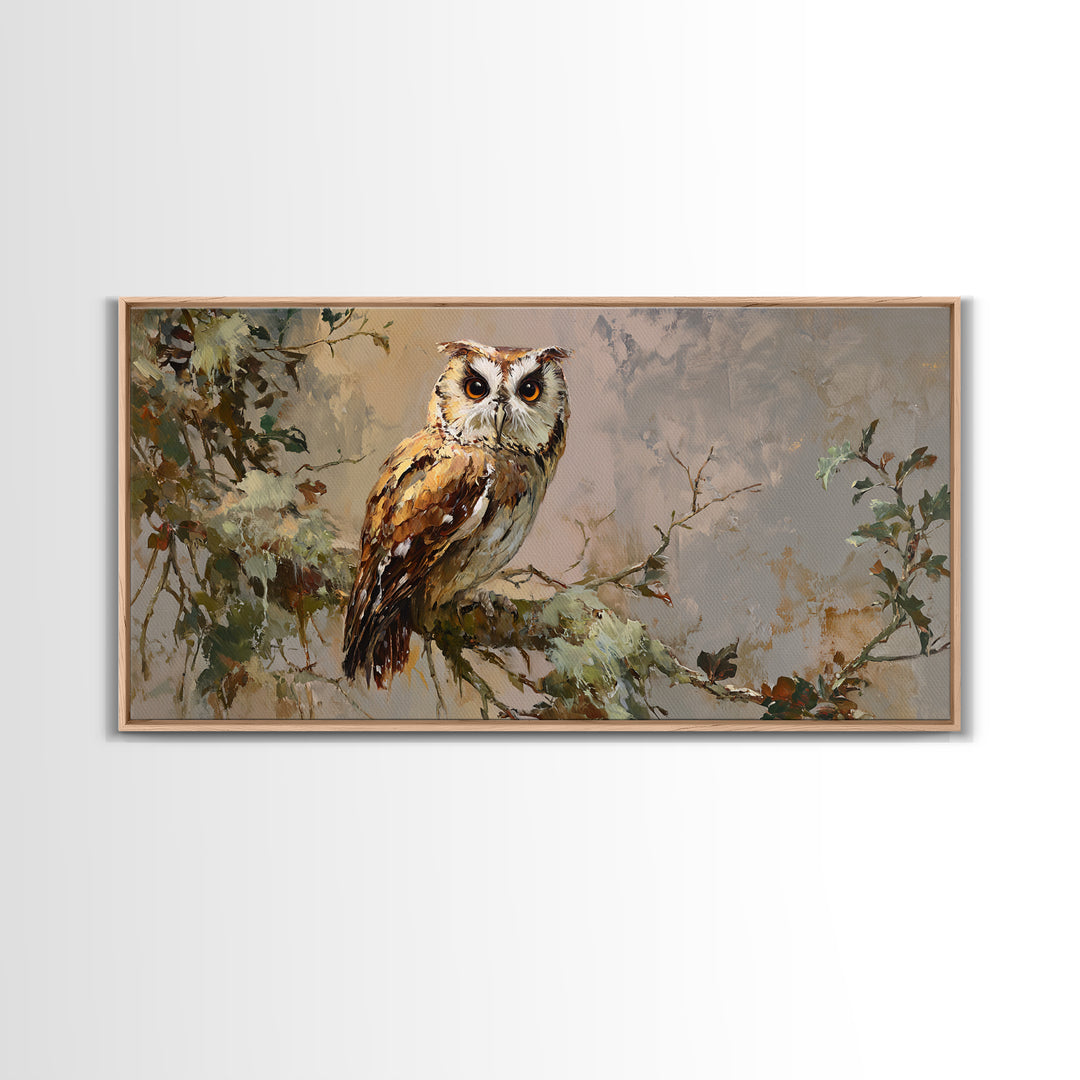 Owl Perched in Moonlit Woodland Framed Canvas Print, Wildlife Art, Wall Hangings, Living Room Decor, Fine Art, Wild, Bird Art, WIL-2x1-56