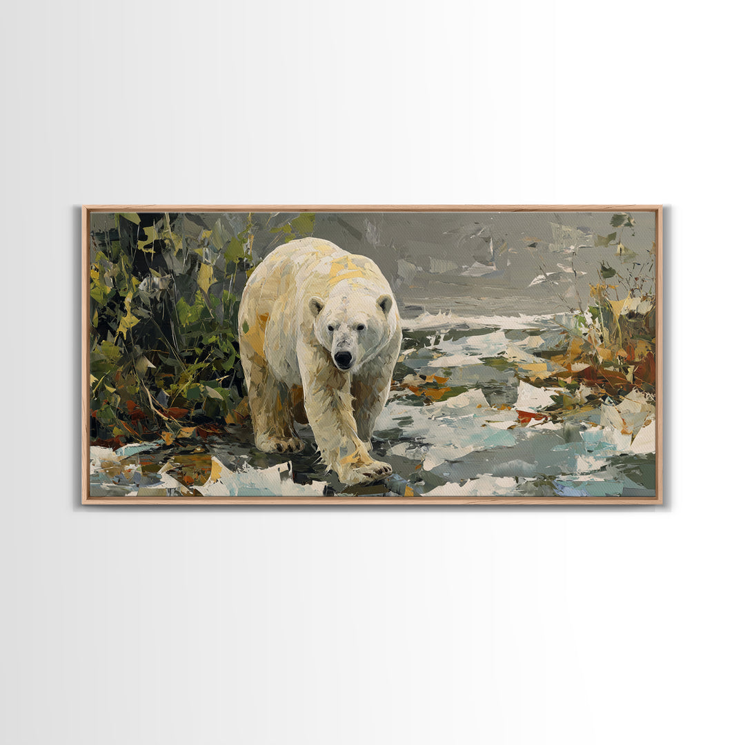 Polar Bear Crossing Blue Ice Framed Canvas Print, Wildlife Art, Landscape Art, Living Room Decor, Watercolor Art, Wild, WIL-2x1-59