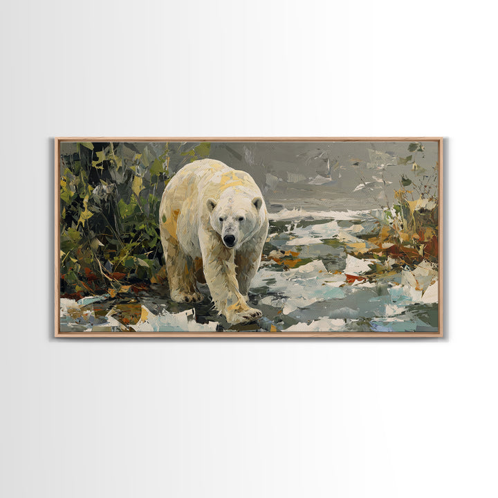 Polar Bear Crossing Blue Ice Framed Canvas Print, Wildlife Art, Landscape Art, Living Room Decor, Watercolor Art, Wild, WIL-2x1-59