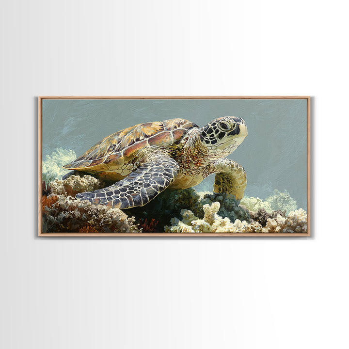 Sea Turtle over Coral Reef Canvas Print, Wildlife Art, Room Decor, Living Room Decor, Oil Painting, Wild, Large Wall Art, WIL-2x1-62