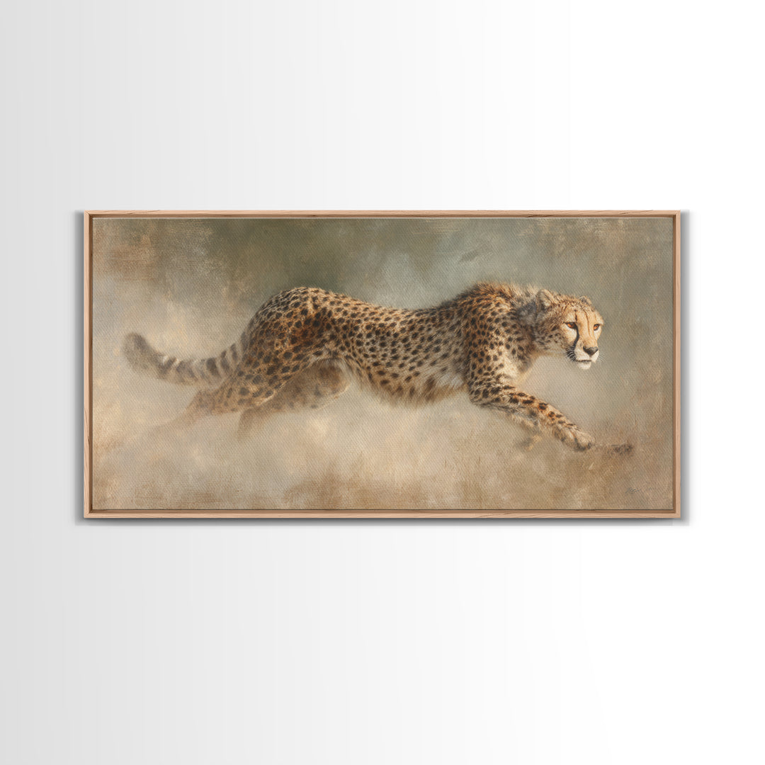 Cheetah Running Through Warm Dust Framed Canvas Print, Wildlife Art, Wall Hangings, Living Room Decor, Abstract Art, Wild, WIL-2x1-65