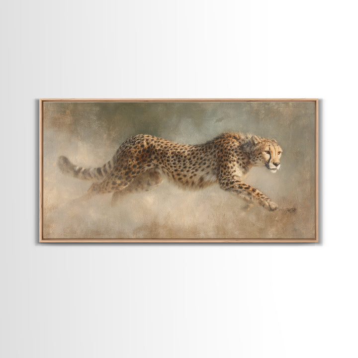 Cheetah Running Through Warm Dust Framed Canvas Print, Wildlife Art, Wall Hangings, Living Room Decor, Abstract Art, Wild, WIL-2x1-65