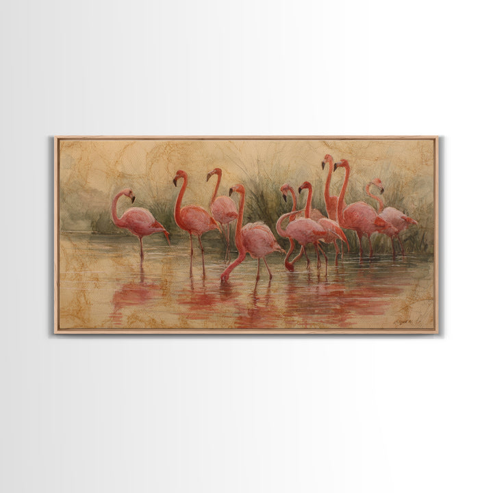 Flamingos in Pink Shallow Water Canvas Print, Wildlife Art, Textured Painting, Living Room Decor, Watercolor Art, Wild, WIL-2x1-66