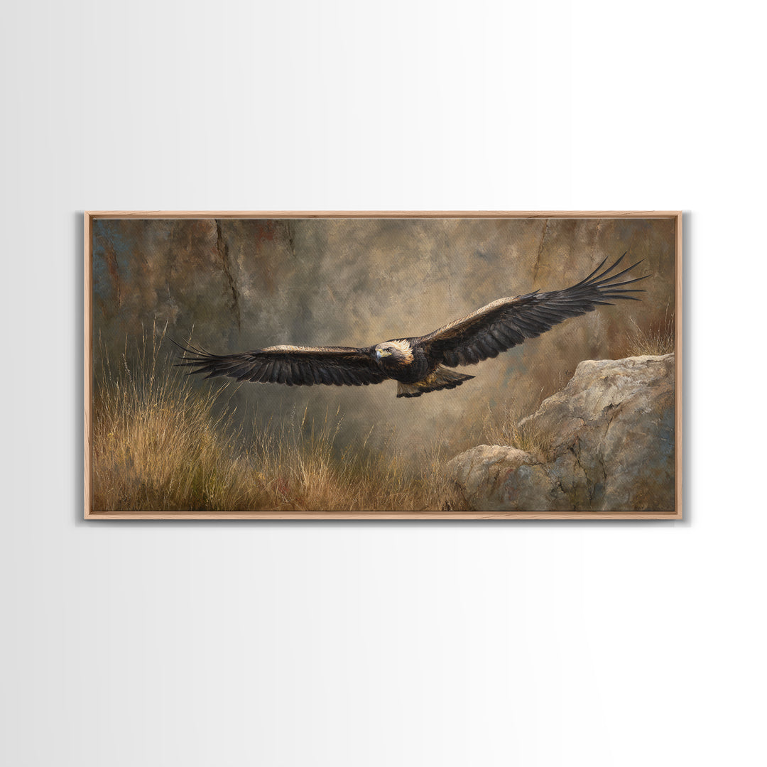 Eagle Soaring Above Rocky Cliffs Canvas Print, Wildlife Art, Living Room Decor, Watercolor Art, Wild, Living Room Wall Art, WIL-2x1-74