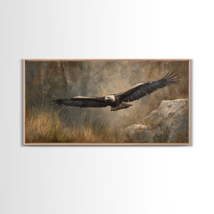 Eagle Soaring Above Rocky Cliffs Canvas Print, Wildlife Art, Living Room Decor, Watercolor Art, Wild, Living Room Wall Art, WIL-2x1-74