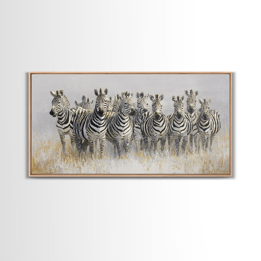 Zebra Herd in Graphic Black and White Framed Canvas Print, Wildlife Art, Bird Wall Art, Living Room Decor, Fine Art, Wild, WIL-2x1-79