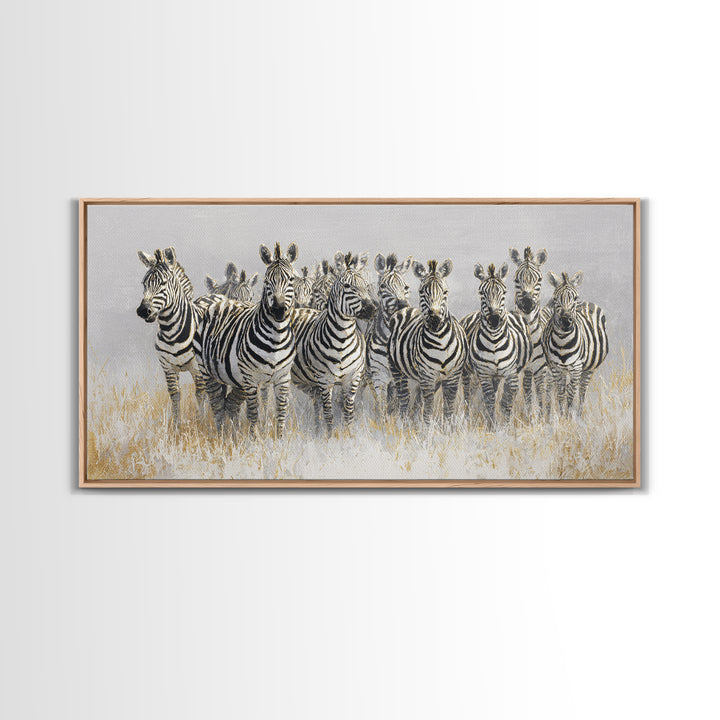 Zebra Herd in Graphic Black and White Framed Canvas Print, Wildlife Art, Bird Wall Art, Living Room Decor, Fine Art, Wild, WIL-2x1-79
