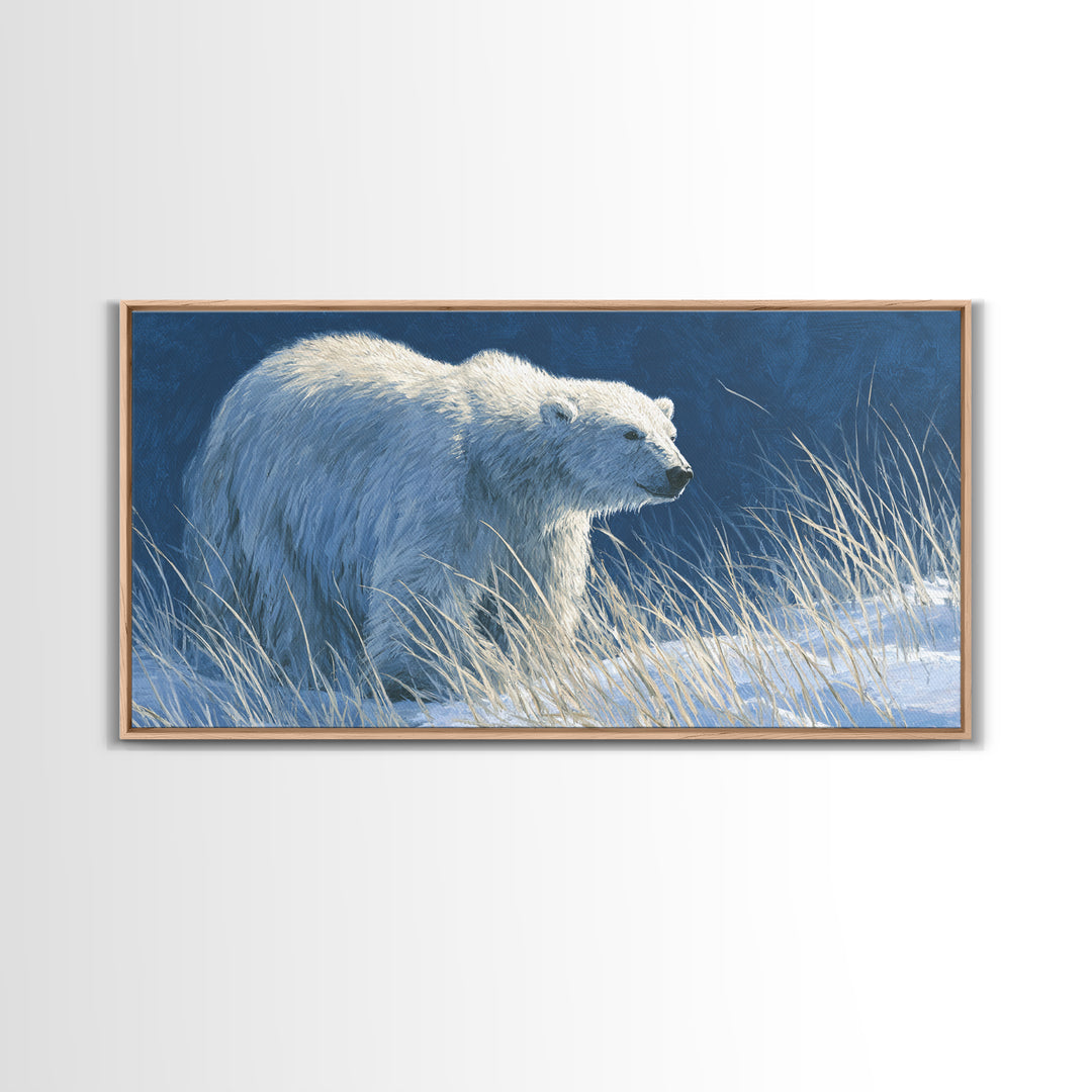 Polar Bear Crossing Blue Ice Framed Canvas Print, Wildlife Art, Contemporary Art, Living Room Decor, Wild, Wall Art Print, WIL-2x1-83