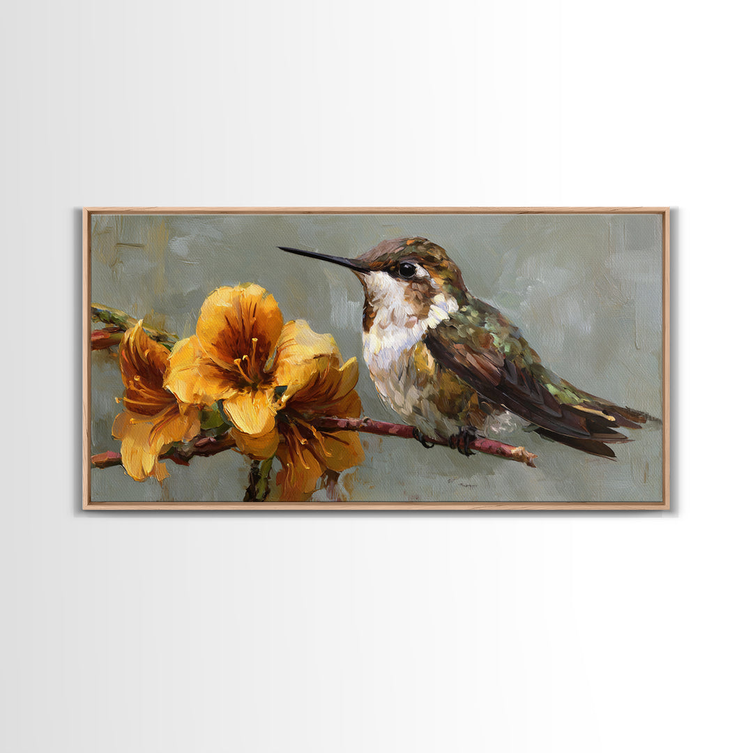 Hummingbird Beside Bright Flowers Framed Canvas Print, Wildlife Art, Bird Art, Living Room Decor, Watercolor Art, Wild, WIL-2x1-84