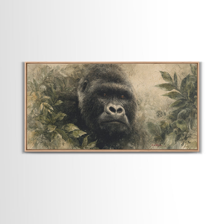 Gorilla Portrait with Powerful Gaze Framed Canvas Print, Wildlife Art, Canvas Wall Art, Living Room Decor, Fine Art, Wild, WIL-2x1-85