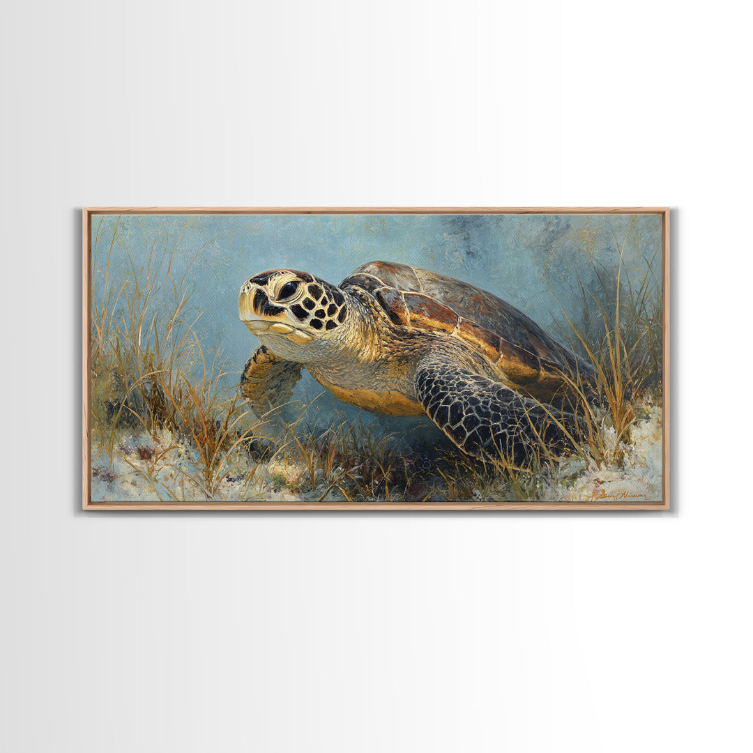 Sea Turtle over Coral Reef Framed Canvas Print, Wildlife Art, Home Decor, Living Room Decor, Fine Art, Wild, Boho Wall Decor, WIL-2x1-86
