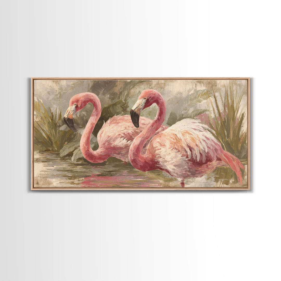 Flamingos in Pink Shallow Water Framed Canvas Print, Wildlife Art, Art, Living Room Decor, Oil Painting, Wild, WIL-2x1-90