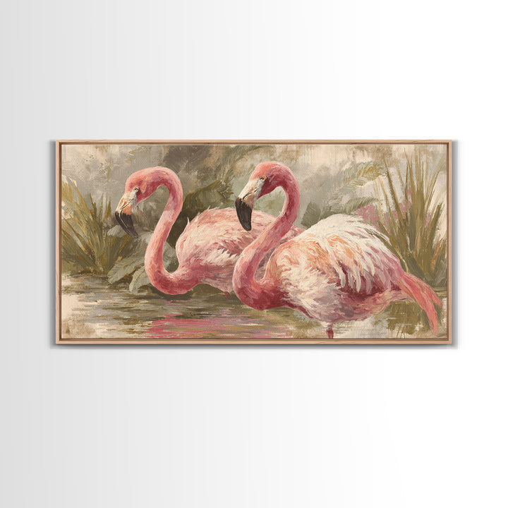 Flamingos in Pink Shallow Water Framed Canvas Print, Wildlife Art, Art, Living Room Decor, Oil Painting, Wild, WIL-2x1-90