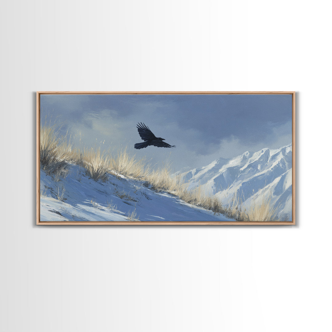Raven Flying Through Snowy Mountains Framed Canvas Print, Wildlife Art, Boho Wall Decor, Living Room Decor, Fine Art, Wild, WIL-2x1-92