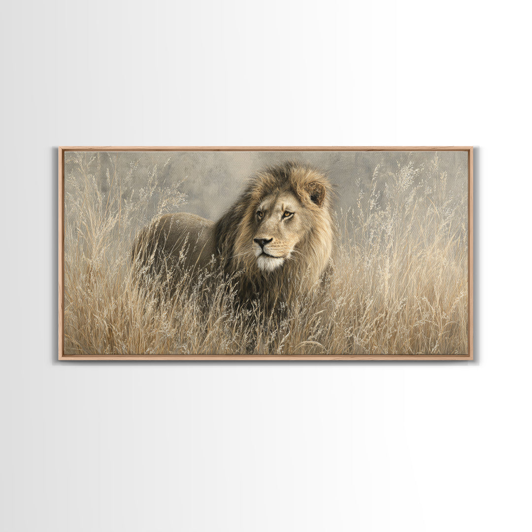 Lion Emerging from Golden Savanna Grass Canvas Print, Wildlife Art, Wall Art Print, Living Room Decor, Fine Art, Wild, WIL-2x1-93