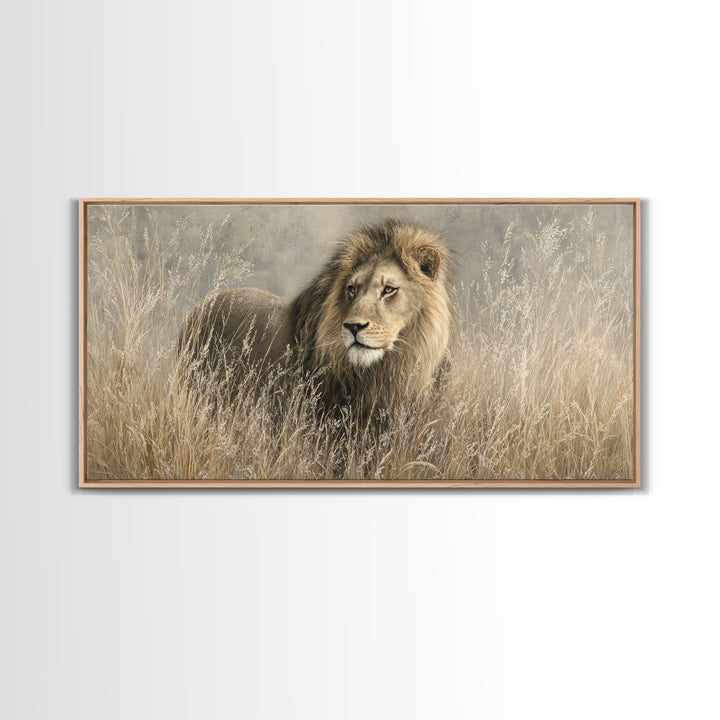 Lion Emerging from Golden Savanna Grass Canvas Print, Wildlife Art, Wall Art Print, Living Room Decor, Fine Art, Wild, WIL-2x1-93