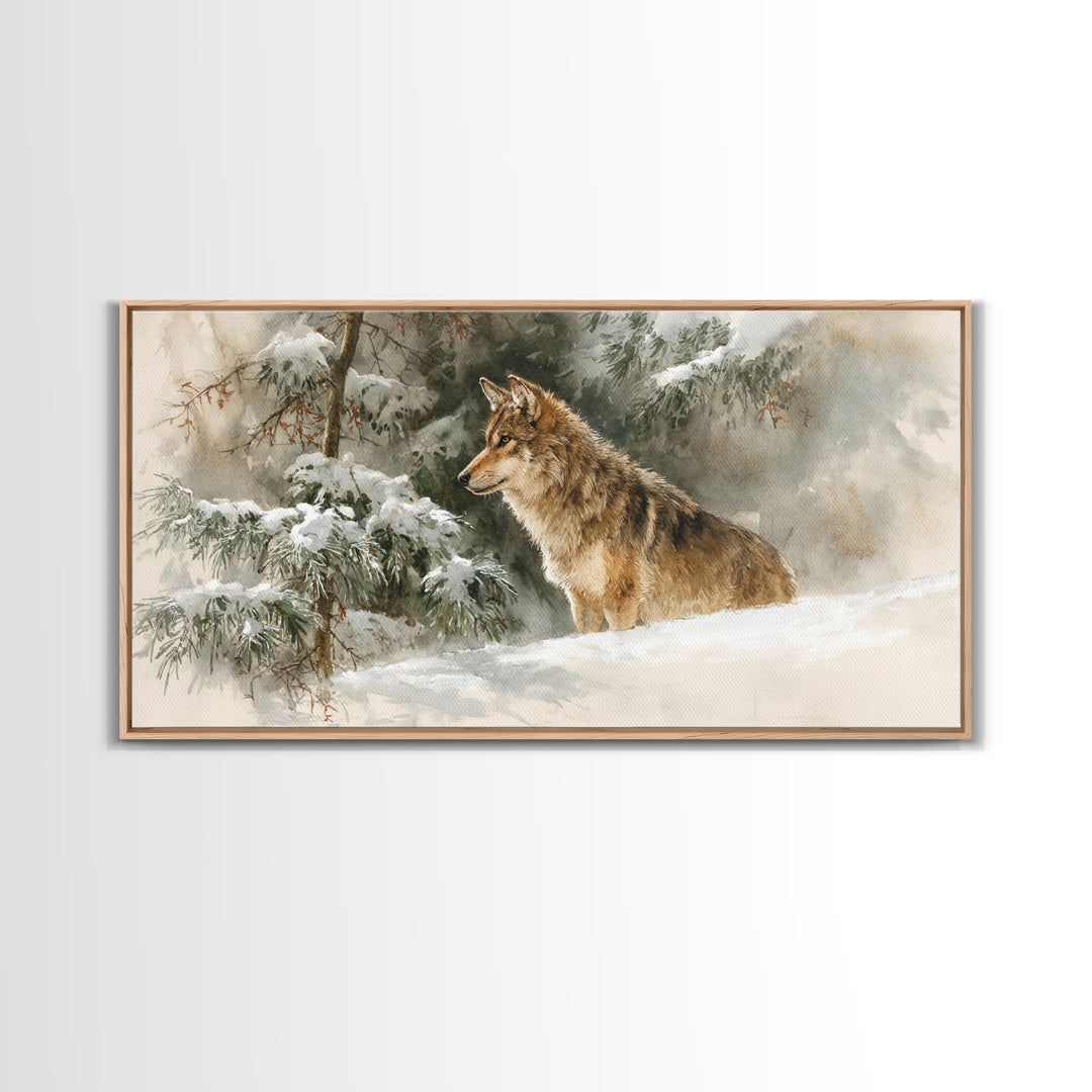Wolf Standing Beneath Snowy Pine Trees Framed Canvas Print, Wildlife Art, Unique Home Decor, Living Room Decor, Fine Art, Wild, WIL-2x1-95