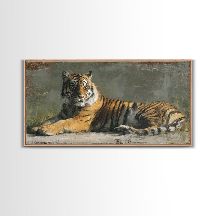 Tiger Portrait with Jungle Shadows Framed Canvas Print, Wildlife Art, Modern Wall Art, Living Room Decor, Oil Painting, Wild, WIL-2x1-97