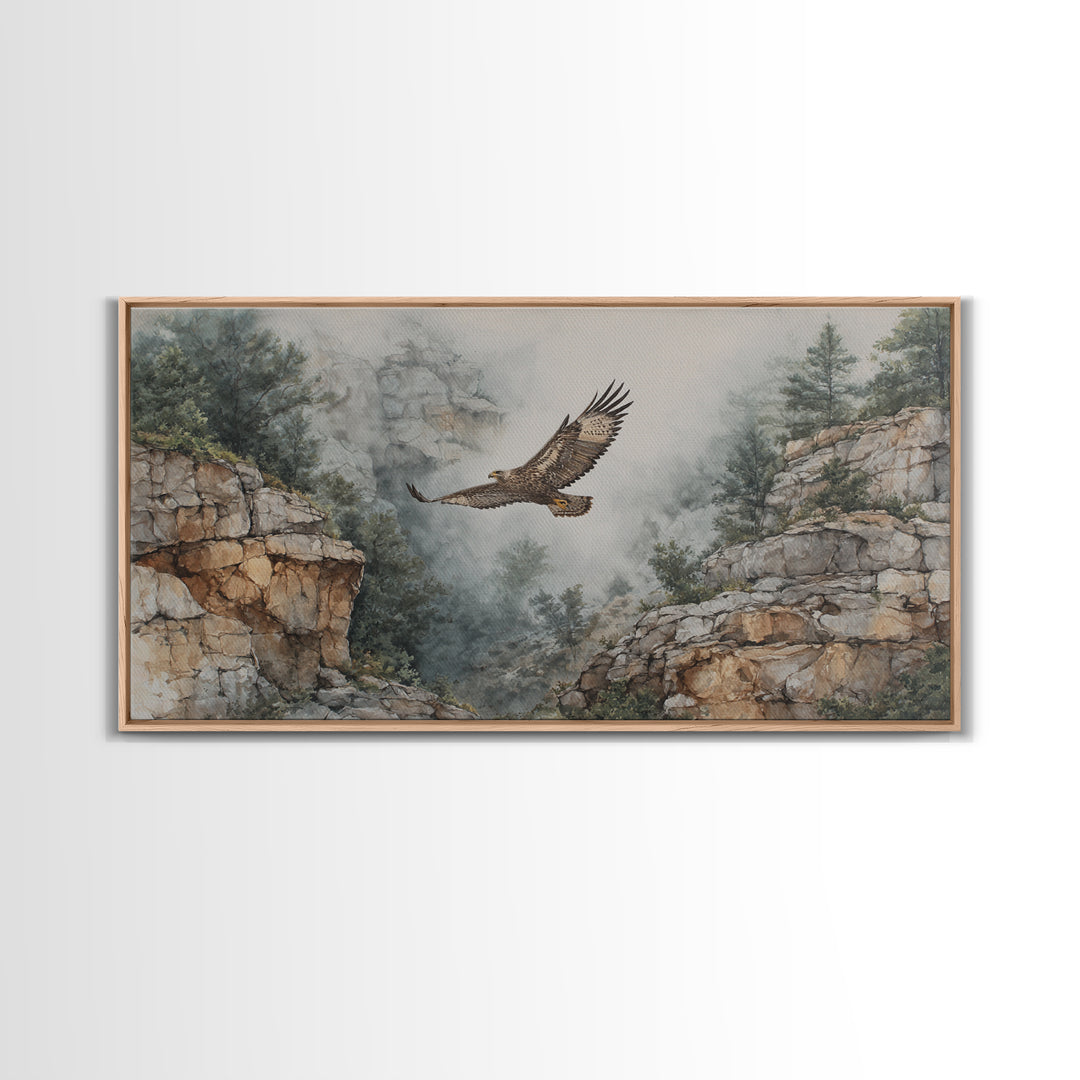 Eagle Soaring Above Rocky Cliffs Canvas Print, Wildlife Art, Living Room Decor, Watercolor Art, Wild, Living Room Wall Art, WIL-2x1-98