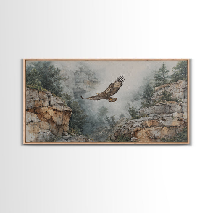 Eagle Soaring Above Rocky Cliffs Canvas Print, Wildlife Art, Living Room Decor, Watercolor Art, Wild, Living Room Wall Art, WIL-2x1-98