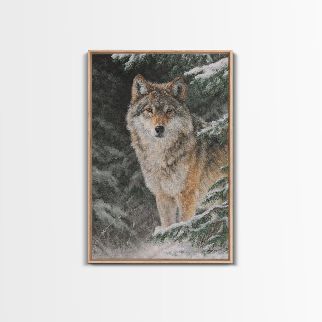 Wolf Standing Beneath Snowy Pine Trees Canvas Print, Wildlife Art, Original Artwork, Living Room Decor, Abstract Art, Wild, WIL-2x3-11