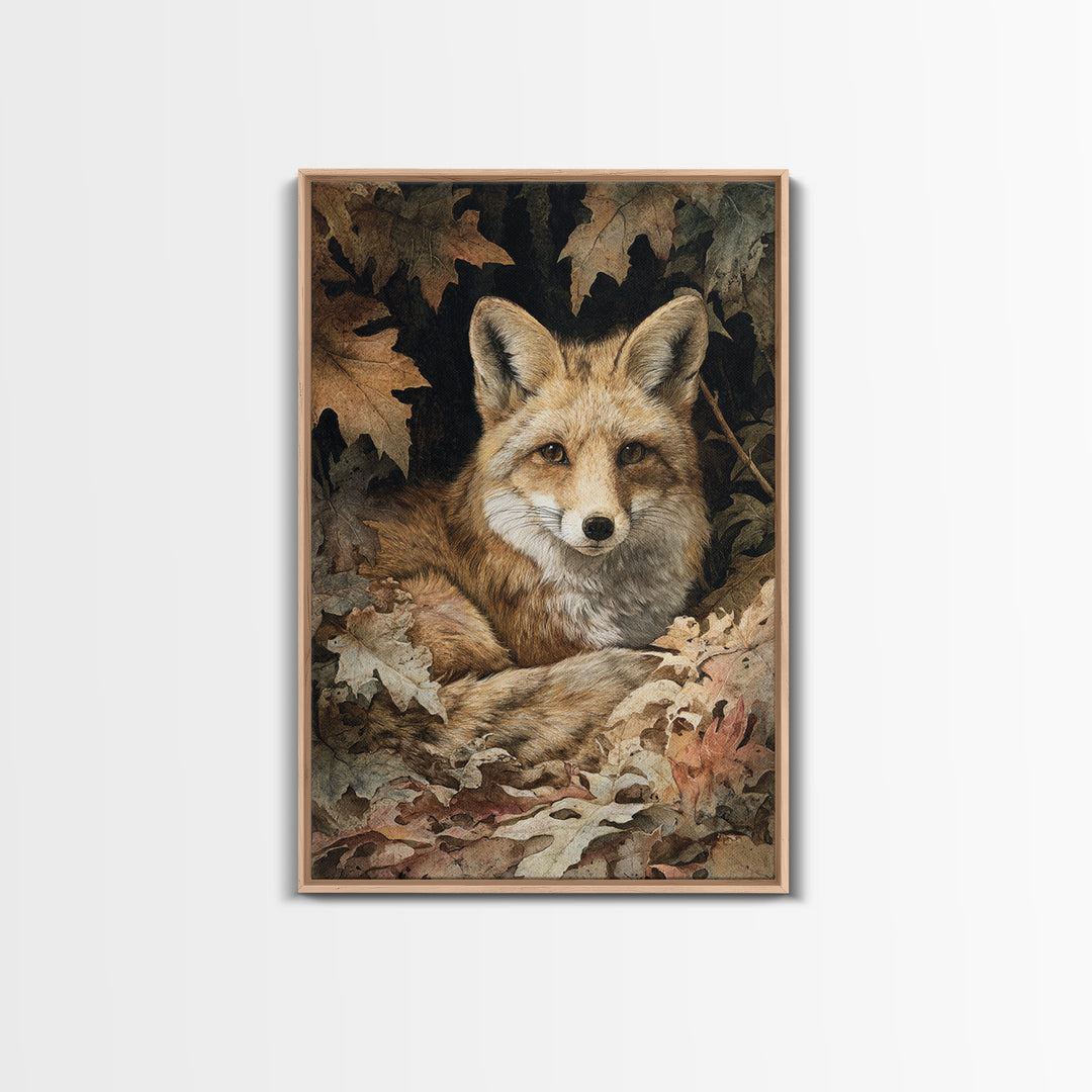 Fox in Autumn Forest Leaves Framed Canvas Print, Wildlife Art, Painting, Living Room Decor, Wild, Living Room Wall Art, WIL-2x3-17