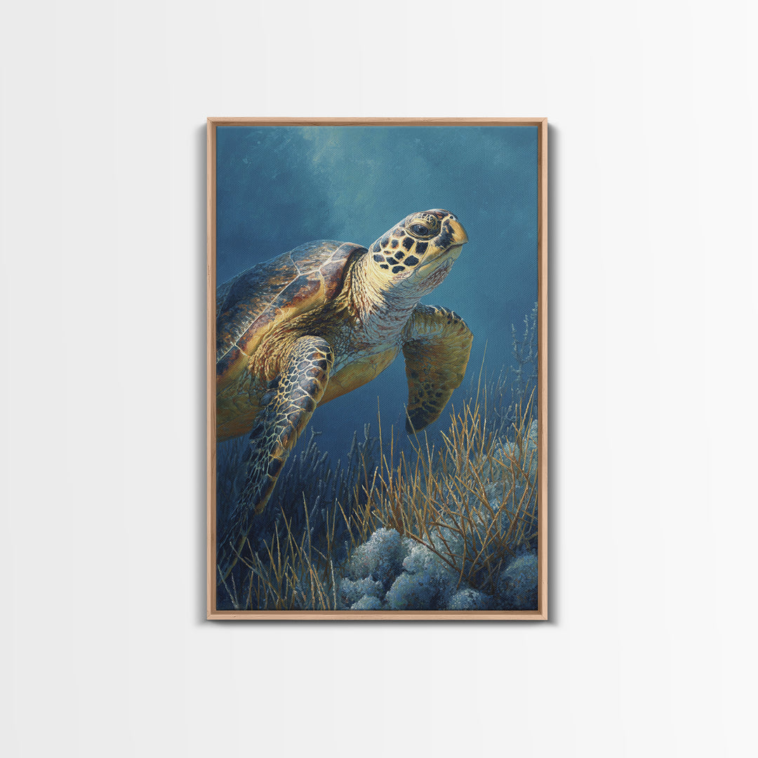 Sea Turtle over Coral Reef Framed Canvas Print, Wildlife Art, Boho Decor, Living Room Decor, Abstract Art, Wild, Painting, WIL-2x3-2