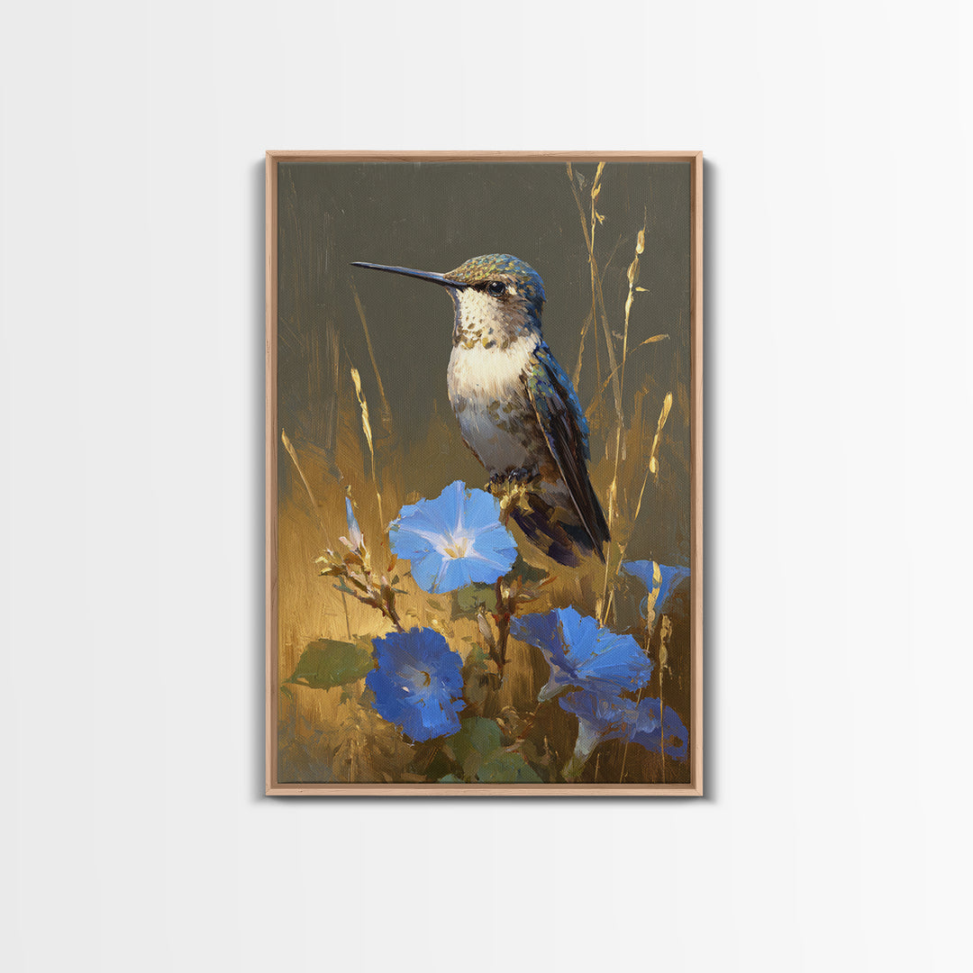 Hummingbird Beside Bright Flowers Framed Canvas Print, Wildlife Art, Canvas Painting, Living Room Decor, Watercolor Art, Wild, WIL-2x3-24