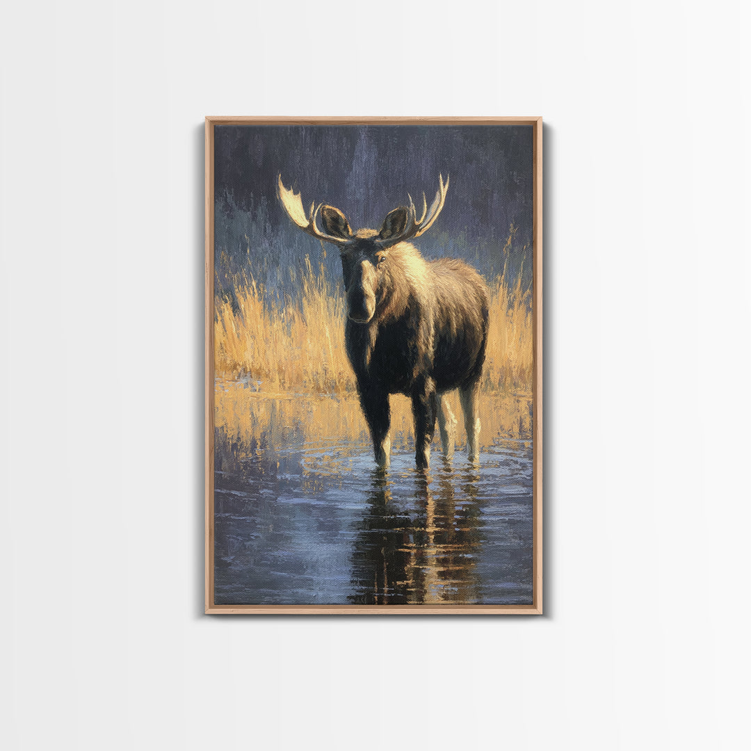 Moose Standing in Reflective Lake Canvas Print, Wildlife Art, Fine Art Print, Living Room Decor, Watercolor Art, Wild, WIL-2x3-27