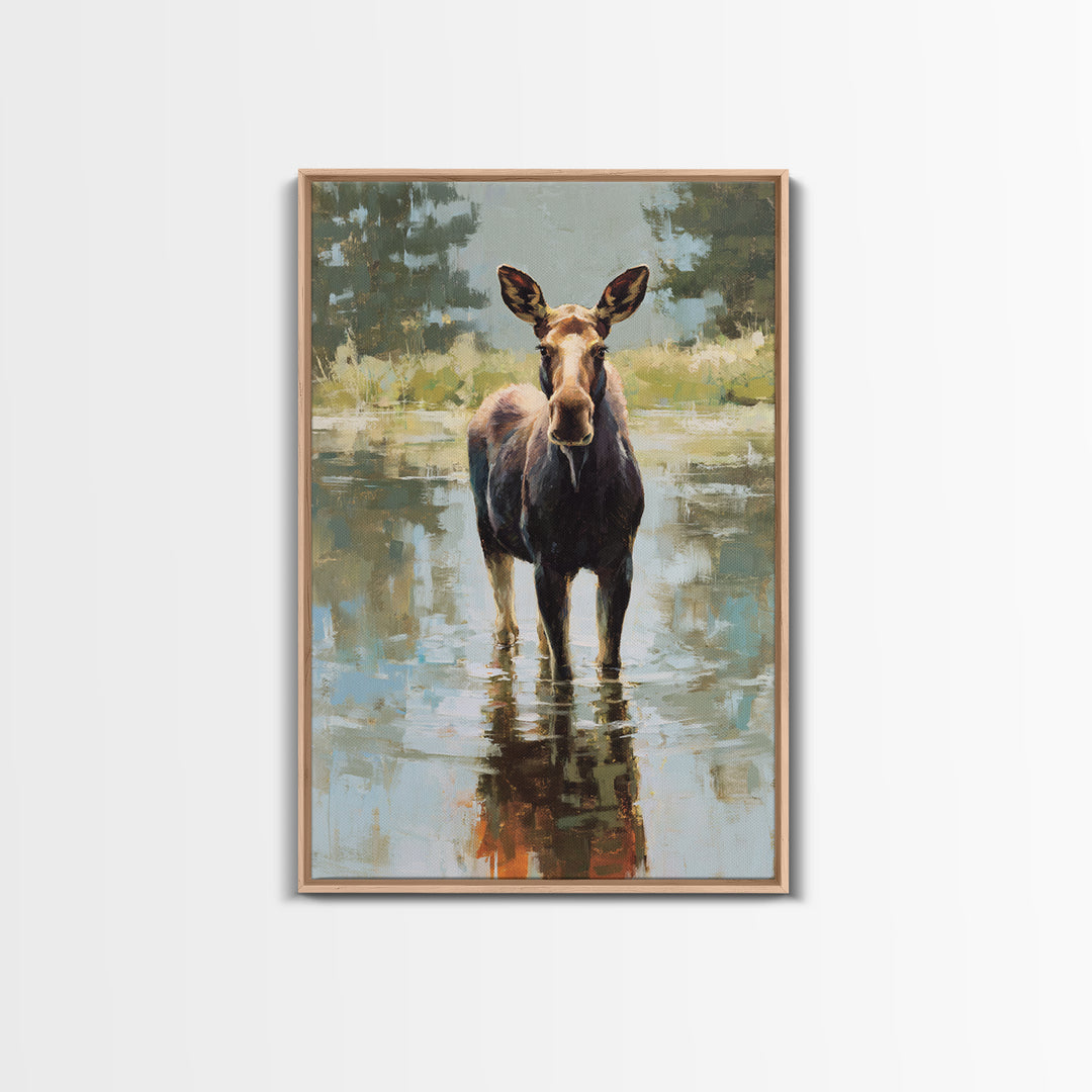 Moose Standing in Reflective Lake Framed Canvas Print, Wildlife Art, Forest Wall Art, Living Room Decor, Fine Art, Wild, WIL-2x3-3