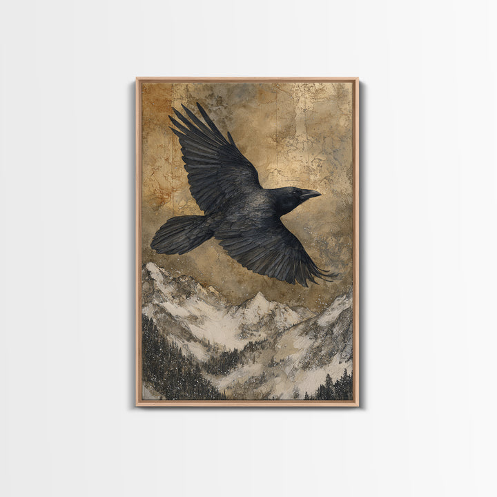 Raven Flying Through Snowy Mountains Canvas Print, Wildlife Art, Nature Wall Art, Living Room Decor, Watercolor Art, Wild, WIL-2x3-32