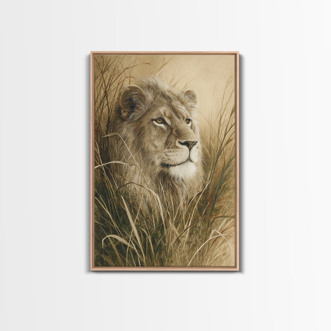 Lion Emerging from Golden Savanna Grass Framed Canvas Print, Wildlife Art, Living Room Decor, Watercolor Art, Wild, WIL-2x3-33