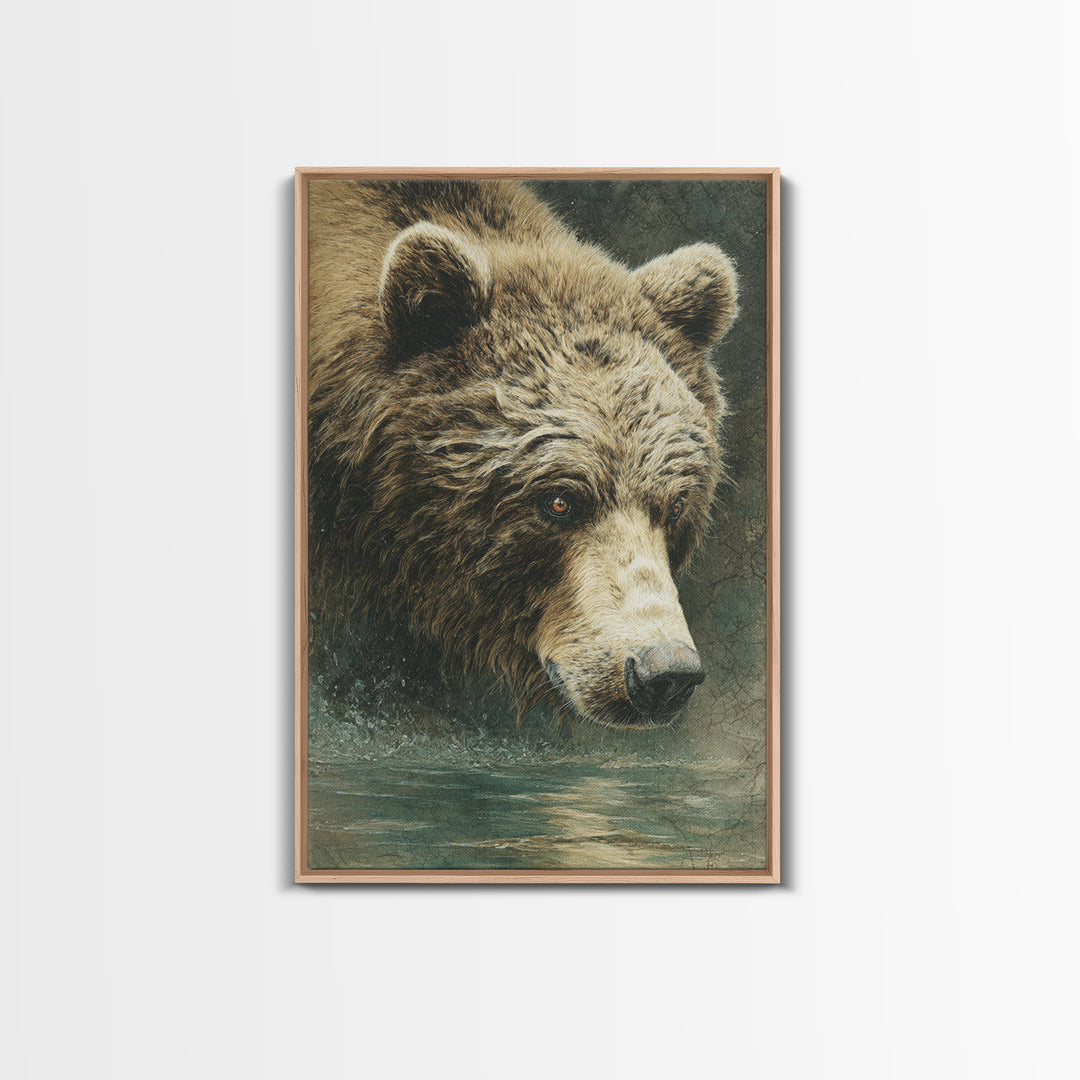 Bear Fishing in Rushing Mountain River Framed Canvas Print, Wildlife Art, Leopard Wall Art, Living Room Decor, Watercolor Art, WIL-2x3-36