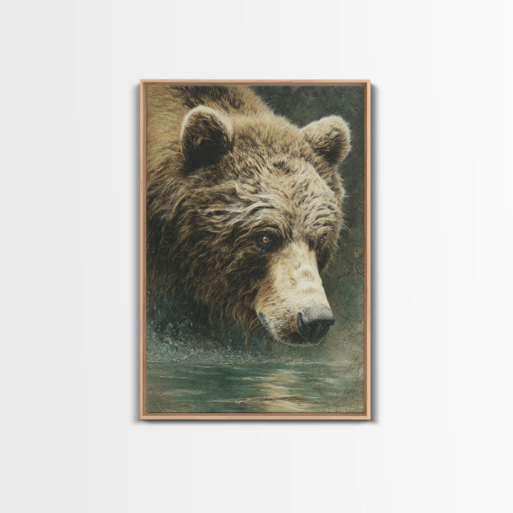 Bear Fishing in Rushing Mountain River Framed Canvas Print, Wildlife Art, Leopard Wall Art, Living Room Decor, Watercolor Art, WIL-2x3-36