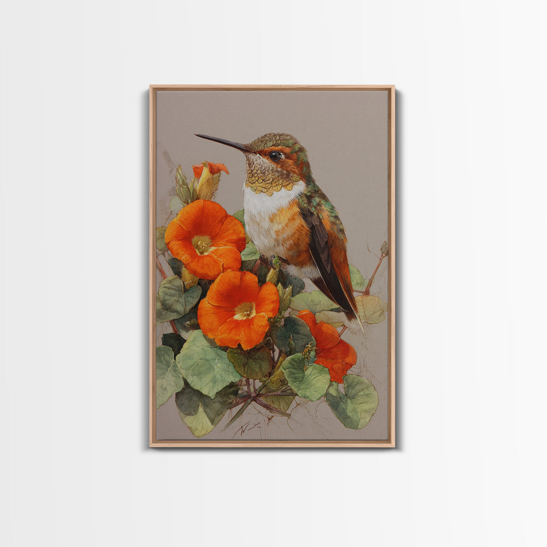 Hummingbird Beside Bright Flowers Framed Canvas Print, Wildlife Art, Boho Decor, Living Room Decor, Fine Art, Wild, Painting, WIL-2x3-48