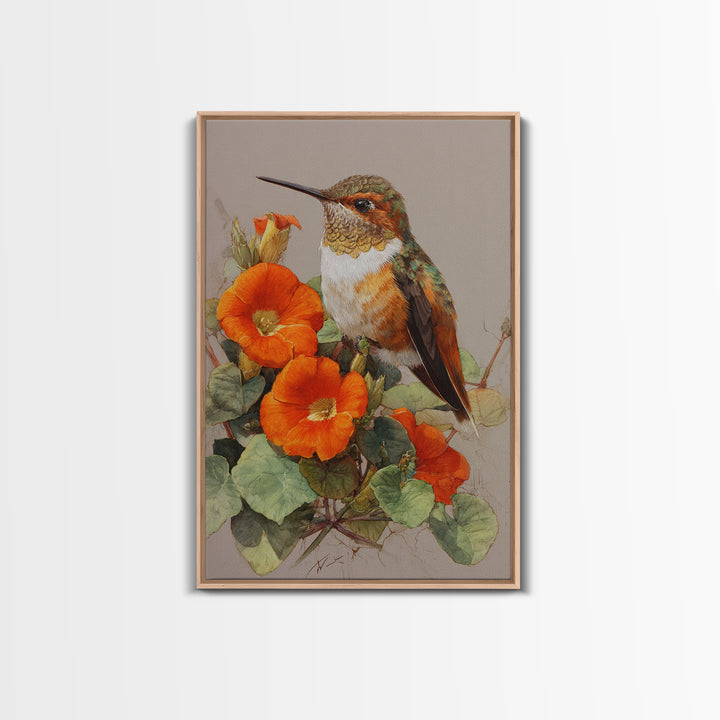 Hummingbird Beside Bright Flowers Framed Canvas Print, Wildlife Art, Boho Decor, Living Room Decor, Fine Art, Wild, Painting, WIL-2x3-48
