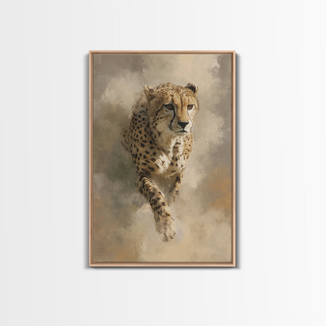 Cheetah Running Through Warm Dust Framed Canvas Print, Wildlife Art, Digital Wall Art, Living Room Decor, Oil Painting, Wild, WIL-2x3-53