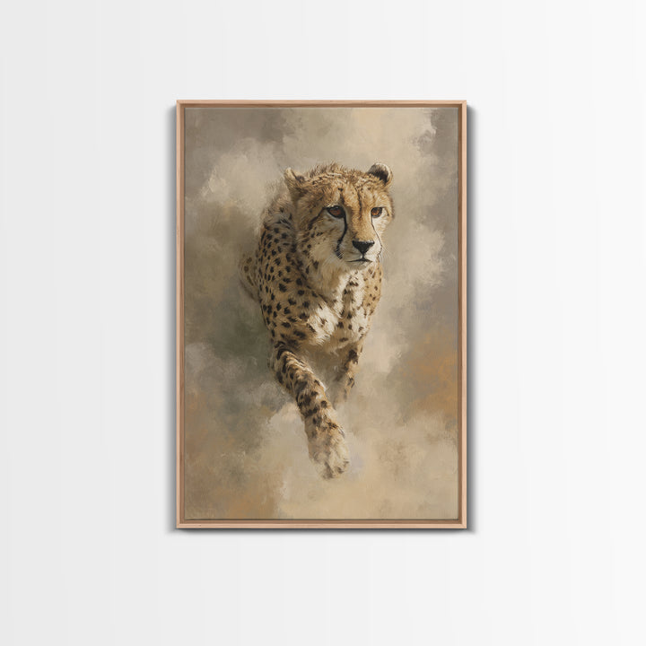 Cheetah Running Through Warm Dust Framed Canvas Print, Wildlife Art, Digital Wall Art, Living Room Decor, Oil Painting, Wild, WIL-2x3-53
