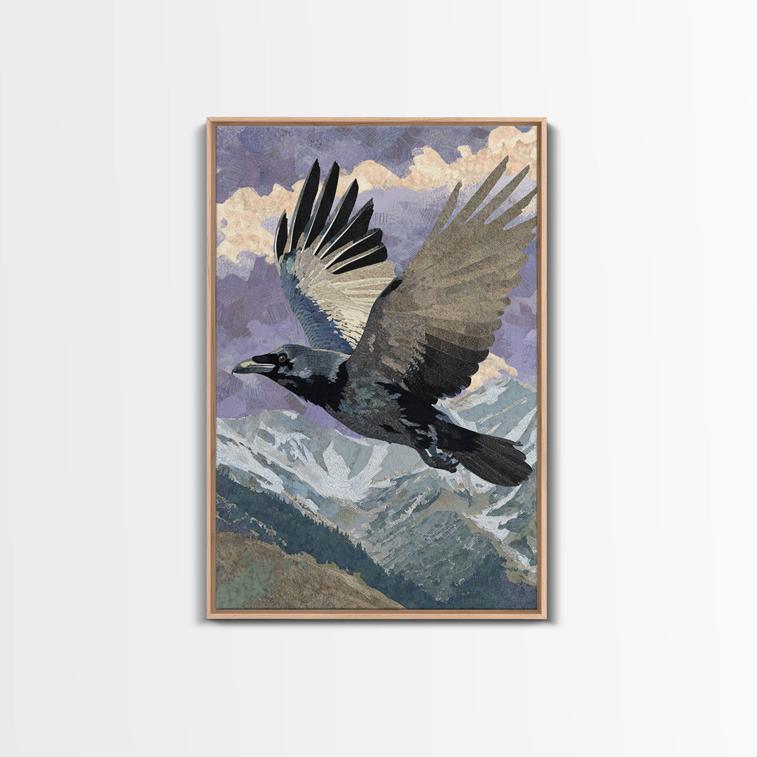 Raven Flying Through Snowy Mountains Framed Canvas Print, Wildlife Art, Neutral Decor, Living Room Decor, Fine Art, Wild, WIL-2x3-56
