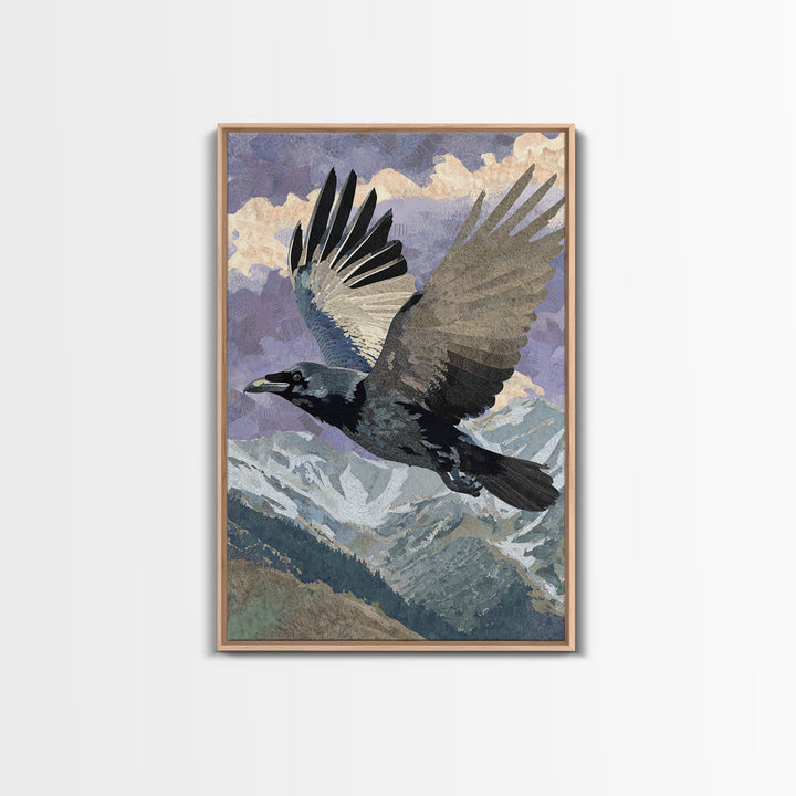 Raven Flying Through Snowy Mountains Framed Canvas Print, Wildlife Art, Neutral Decor, Living Room Decor, Fine Art, Wild, WIL-2x3-56