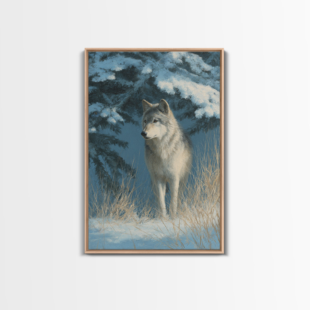 Wolf Standing Beneath Snowy Pine Trees Framed Canvas Print, Wildlife Art, Wall Decor, Living Room Decor, Oil Painting, Wild, WIL-2x3-59