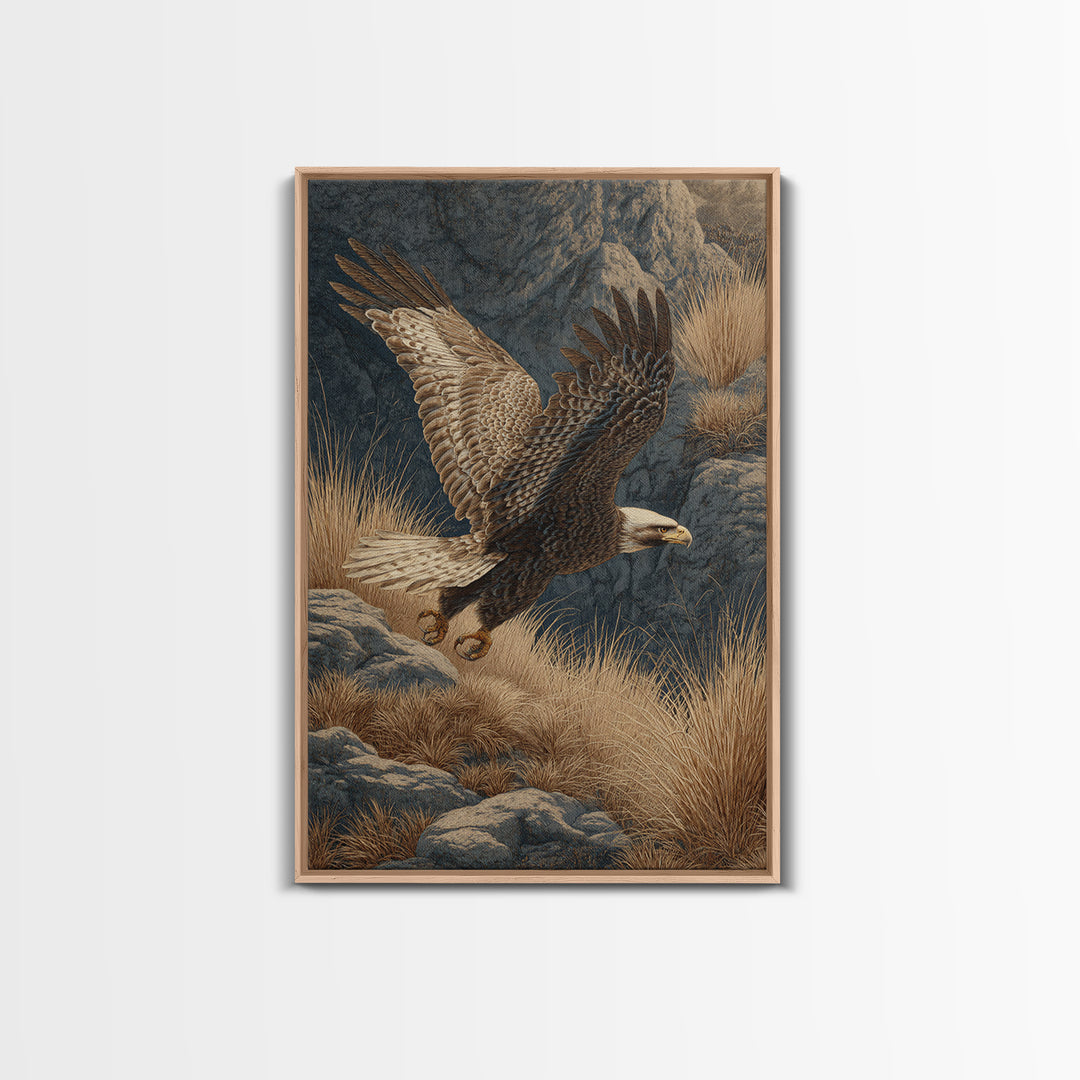 Eagle Soaring Above Rocky Cliffs Canvas Print, Wildlife Art, Oil Painting, Living Room Decor, Abstract Art, Wild, WIL-2x3-62