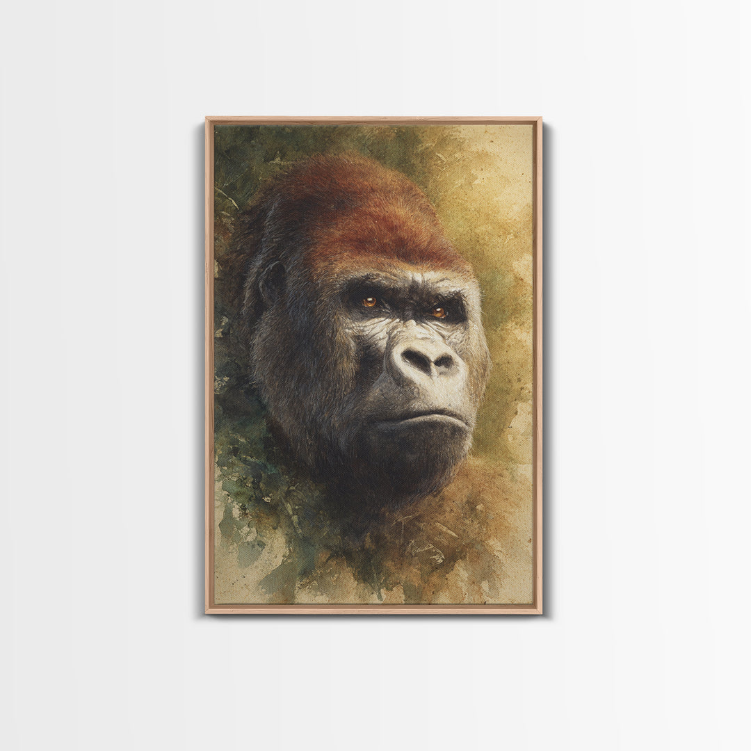 Gorilla Portrait with Powerful Gaze Framed Canvas Print, Wildlife Art, Wall Art Print, Living Room Decor, Oil Painting, Wild, WIL-2x3-73